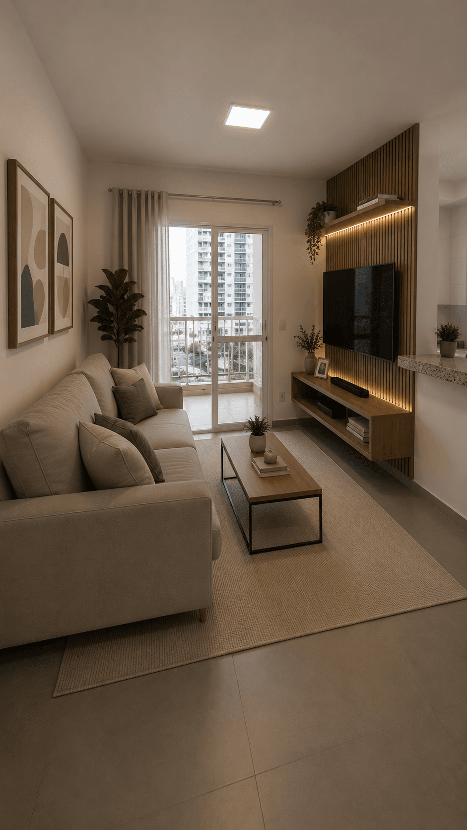 Sala de estar decorada com sofá e TV